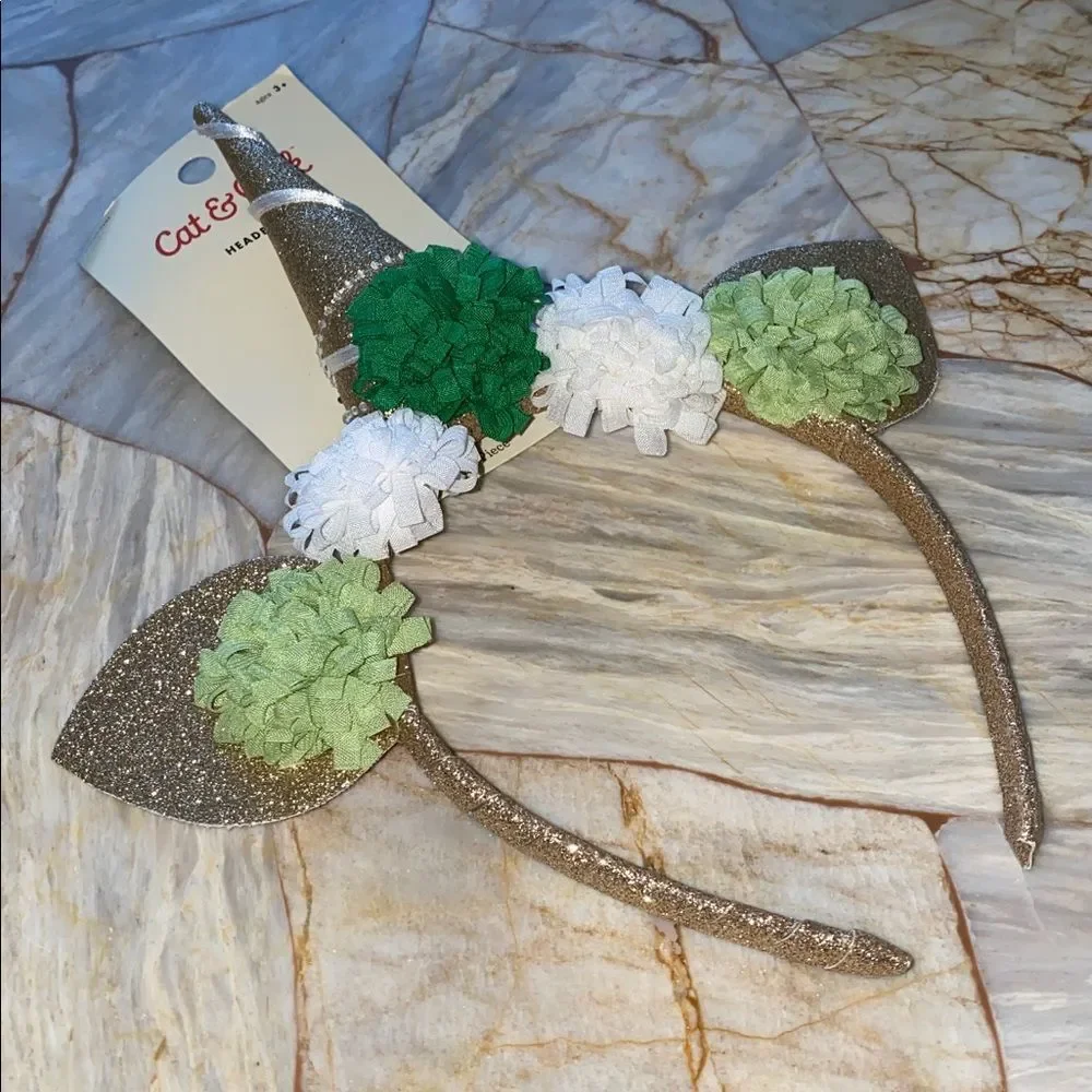 Cat & Jack Girls Gold Glitter Unicorn Headband Green White Floral 217 07 3191
